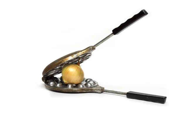 Çelik tava pişirme ve soğan. Fotoğraf.