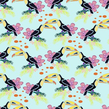 Toucan kuşu, palmiye yaprakları ve egzotik çiçeklerle kusursuz tropikal bir arka plan. Çocuk odası geçmişi.