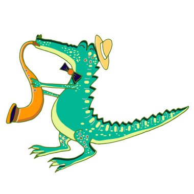 Timsah - caz müzisyeni, sevimli sürüngen, vektör çocuk odası çizimi.