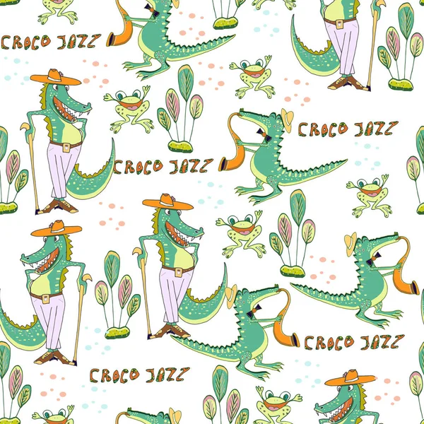 Vzorec Vektorového Bezproblémového Dětského Pokoje Vtipní Krokodýli Jazzoví Musuciáni Žáby — Stockový vektor