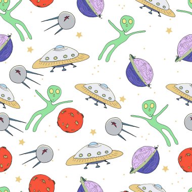 Bakımevi pürüzsüz desen. El çizimi güneş sistemi, yıldızlar, gezegenler, uzay gemileri, roketler.