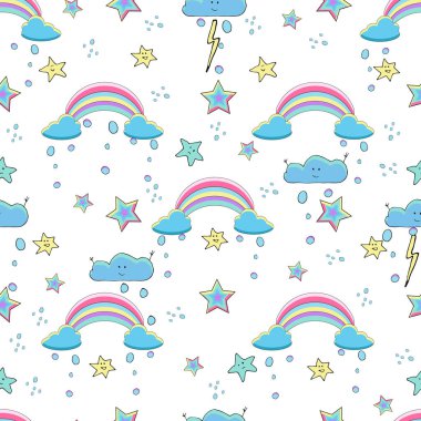 Bakımevi pürüzsüz desen. Gökkuşağı tek boynuzlu atları, çiçekleri, kuyruklu yıldızları olan fantezi desenleri. Renkli parlak vektör arkaplanı.