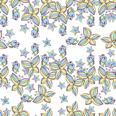 Bakımevi pürüzsüz desen. Gökkuşağı tek boynuzlu atları, çiçekleri, kuyruklu yıldızları olan fantezi desenleri. Renkli parlak vektör arkaplanı.