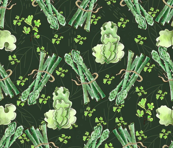 Yeşil Sebze Bahçe Bitkisi Kuşkonmaz Yeşil Salata Kekik Çizimi Pürüzsüz — Stok fotoğraf