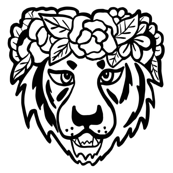 Διάνυσμα Τίγρης Πρόσωπο Λουλούδια Σχεδιάγραμμα Τατού — Διανυσματικό Αρχείο