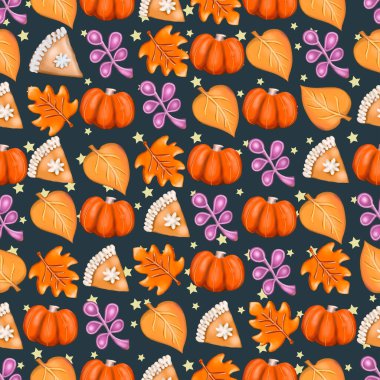 Şükran Günü 'nün kusursuz bir düzeni var. Sonbahar teması. Sonbahar yaprakları, balkabakları, turtalar, kurabiyeler, sonbahar meyveleri, hindiler....