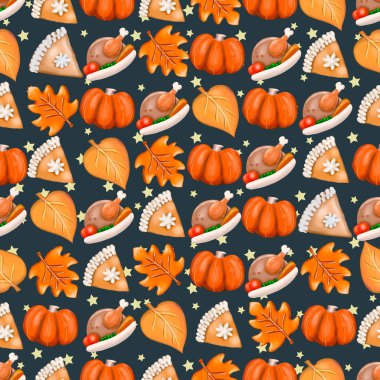 Şükran Günü 'nün kusursuz bir düzeni var. Sonbahar teması. Sonbahar yaprakları, balkabakları, turtalar, kurabiyeler, sonbahar meyveleri, hindiler....