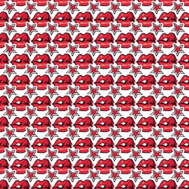 Rock n roll kusursuz bir model. Kafatasları, punk saçı, yıldızları, kırmızı dudakları olan el çizimi punk rock arka planı