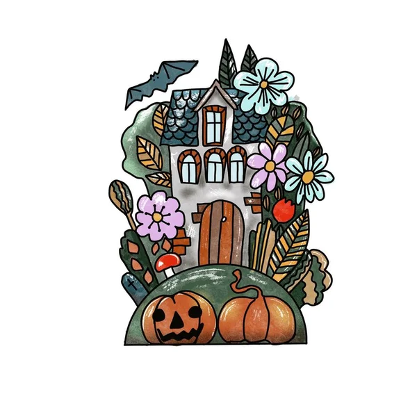 Illustration Halloween Dessinée Main Petite Maison Mignonne Citrouilles Chauve Souris — Photo