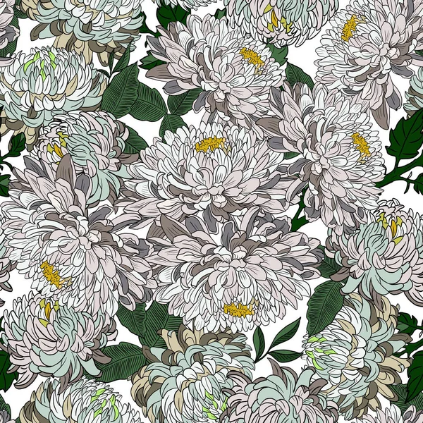 Floral Seamless Pattern White Japanese Chrysanthemums Hand Drawn Fabric Design — Stock Photo, Image
