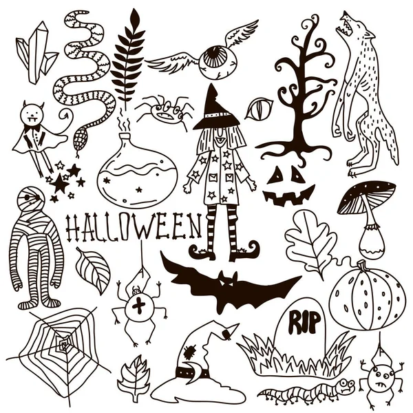 Halloween Doodle Set Holiday Hand Drawn Vector Illustration Med Pumpkins — Stock vektor