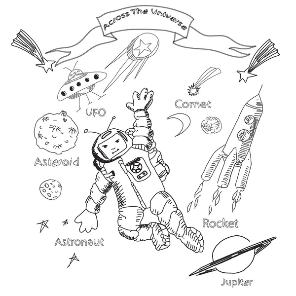 Weltraumskizze mit Astronaut und Rakete auf weißem Hintergrund — Stockvektor