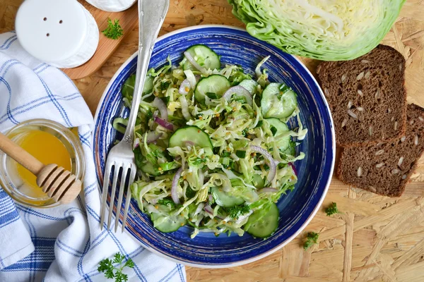 Kool salade met komkommer, rode ui en mosterd — Stockfoto