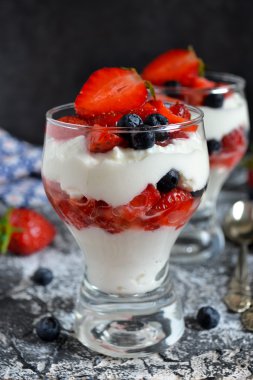 tatlı krem şanti, çilek, yaban mersini bir cam ile