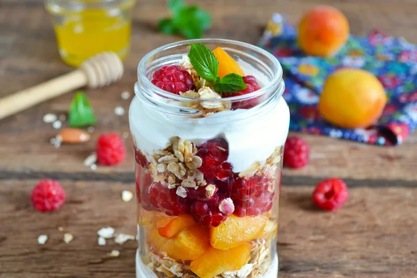 Granola, badem, şeftali ve ahududu o ile ev yapımı yoğurt — Stok fotoğraf