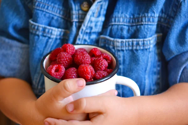 Nas mãos de uma criança framboesas suculentas e frescas em uma tigela — Fotografia de Stock