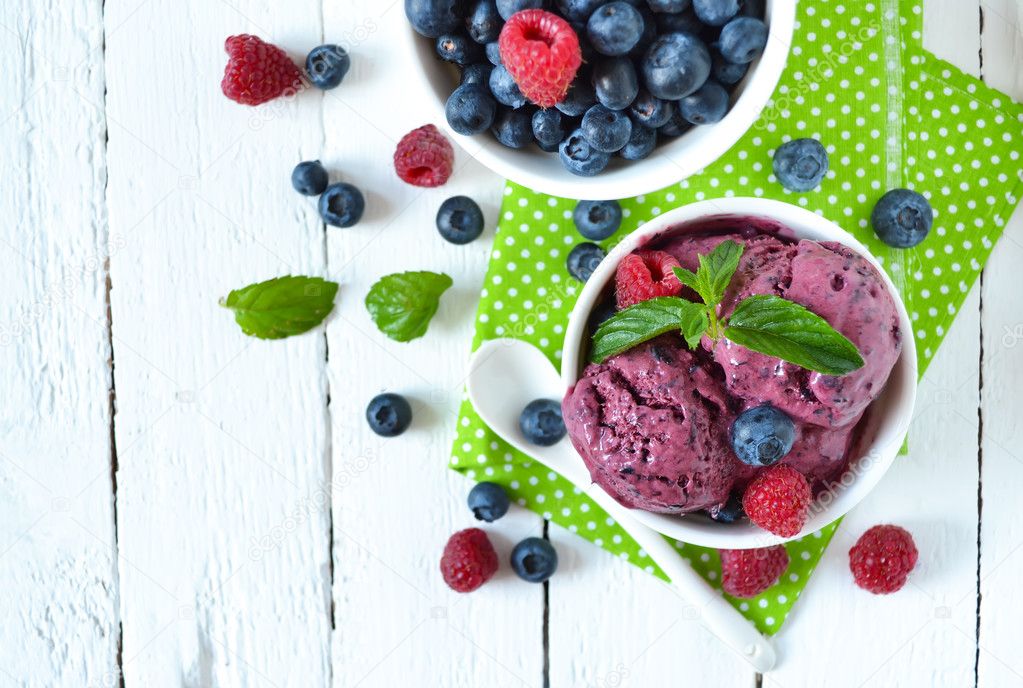 Summer cold dessert - blueberry ice cream with mint on a white b