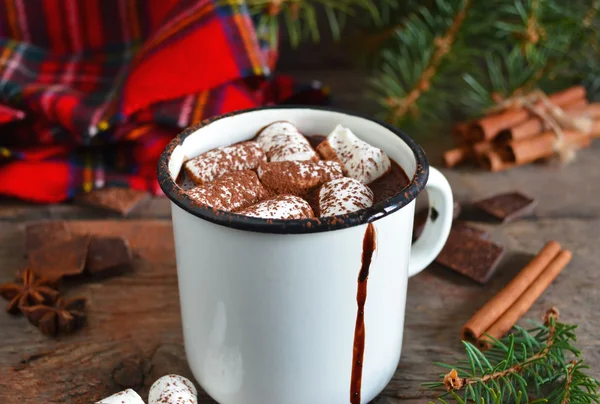 Heiße Schokolade mit Marshmallows und Zimt, rustikal — Stockfoto