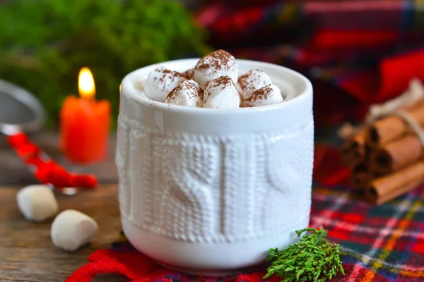 Winter drink - Hot chocolate with marshmallows and cinnamon, rus