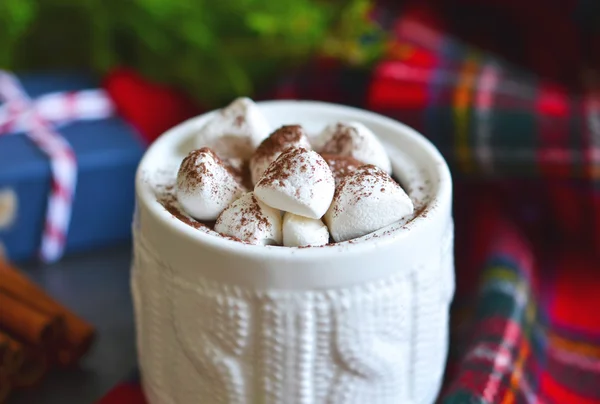 Bebida de invierno - Chocolate caliente con malvaviscos y canela, rus — Foto de Stock