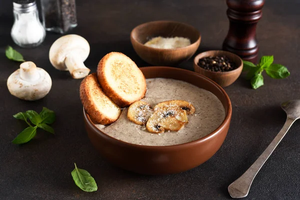 Soup puree with mushrooms and cheese on a concrete background. — Stock Image Soup Puree Mushrooms Cheese Concrete Background Royalty Free Stock Images
