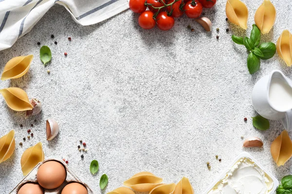 Ingredienti Fare Pasta Con Ricotta Basilico Sugo Processo Cottura — Foto Stock