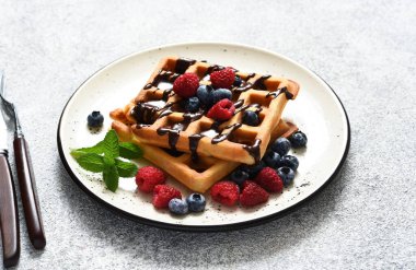 Kahvaltıda vanilyalı Belçika waffle 'ı ve bir fincan kahve..