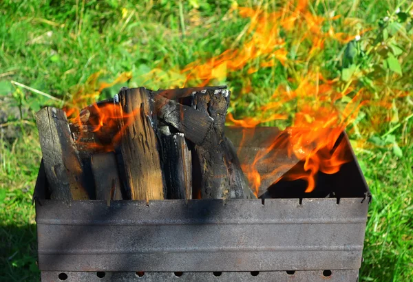 Legna bruciante in un braciere su picnic — Foto Stock
