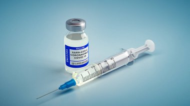 Impfstoff oder Schutzimpfung gegen Grippe und Corona Covid Viren zur Vorsorge in Ampulle oder Flschchen mit Spritze und Nadel vor Studio Hintergrund und Textfreiraum oder Copy-Space als 3D