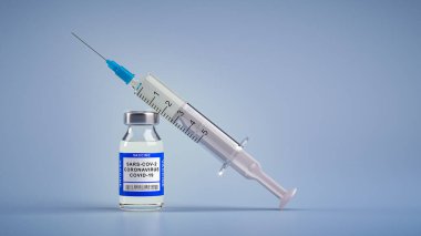 Impfstoff oder Schutzimpfung gegen Grippe und Corona Covid Viren zur Vorsorge in Ampulle oder Flschchen mit Spritze und Nadel vor Studio Hintergrund und Textfreiraum oder Copy-Space als 3D