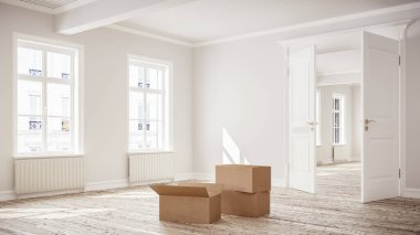 Kasaba binasında ya da apartmanda kiralık kutularla güneşli ama pahalı boş bir oturma odasının üç boyutlu tasviri ya da çizimi