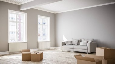 Kasaba veya apartmanın şehir binasındaki güneşli ama pahalı boş oturma odası ve kanepesinin kiralık veya taşınmaya hazır kutularla üç boyutlu çizimi veya çizimi