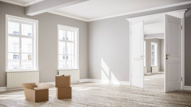 Kasaba binasında ya da apartmanda kiralık kutularla güneşli ama pahalı boş bir oturma odasının üç boyutlu tasviri ya da çizimi