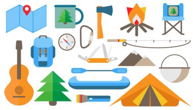 Turizm ve yürüyüş için bir takım eşyalar. Düz harita, kupa, balta, ateş, sandalye, sırt çantası, pusula, karabina, bıçak, olta, dağ, melon şapka, gitar, ladin, el feneri, kano, kürek, çadır.