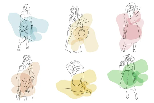 Set Linear Art Fashion Sketch Girls Dress Bag Hat Fashion — Stock Vector