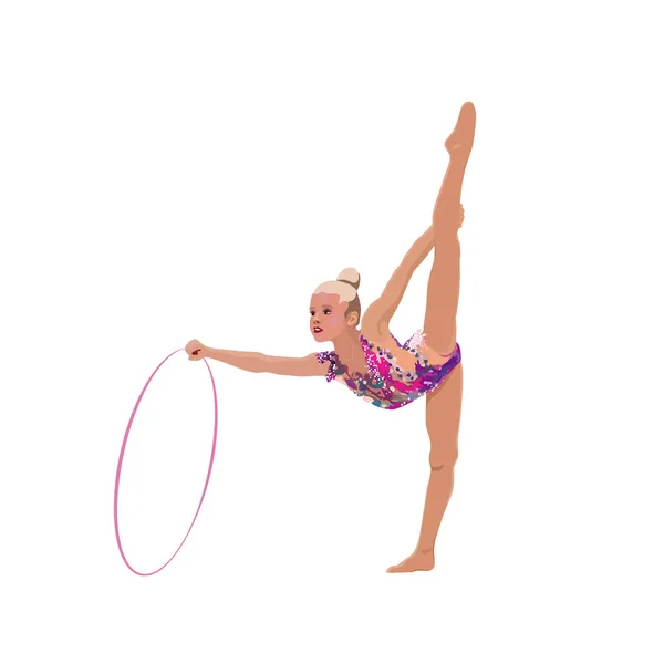 Elégant Dessin Une Gymnaste Fille Pratique Gymnastique Avec Cerceau Sur — Image vectorielle