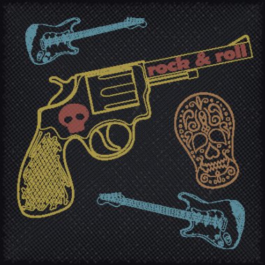 Rock ve Roll desen silah kafatasları ve gitar ile