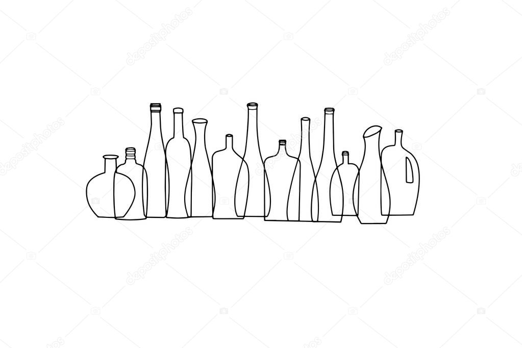 Doodle drawing vector illustration of  beverage bottles lined up in a row. Typography for a poster, banner or restaurant.