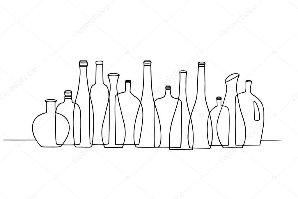 Doodle drawing vector illustration of  beverage bottles lined up in a row on the table. Typography for a poster, banner or restaurant.