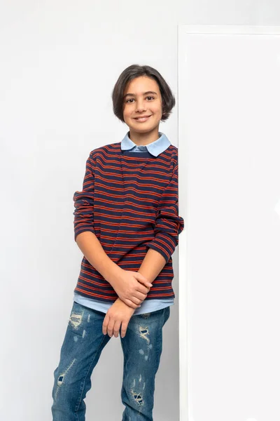 Studio Shot Young Boy Leaning Wall Isolated — Stock Photo, Image