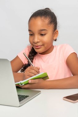 Liseli kız kapalı bir masada oturuyor. İnternette, laptopta ya da karantina sırasında internete bağlanıyor.