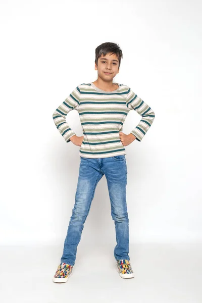 Full Length Portrat Attractive Young Boy Aganst White Background Studio — Stock Photo, Image