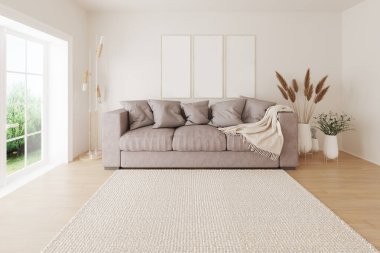 Modern minimalist tasarımı olan parlak bir oda. Duvarda bir kanepe ve çiçekler, duvarda tablolar var. Yaz parkına bakan yan panoramik pencere. 3B illüstrasyon