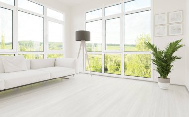 Modern minimalist tasarımı olan parlak bir oda. Bir kanepe, zemin lambası ve duvarın karşısında çiçekler var. Yaz manzarasına bakan yan panoramik pencere. 3B illüstrasyon