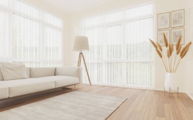 Modern minimalist tasarımı olan parlak bir oda. Bir kanepe, zemin lambası ve duvarın karşısında çiçekler var. Yaz manzarasına bakan perdeleri olan yan panoramik pencere. 3B illüstrasyon