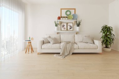 Modern minimalist tasarımı olan parlak bir oda. Duvarda bir kanepe ve çiçekler, duvarında resimler ve çiçekler olan raflar var. Şehir binasına bakan yan panoramik pencere. 3B illüstrasyon