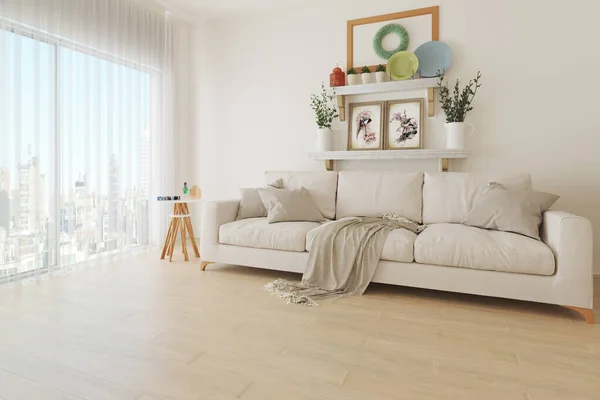 Modern minimalist tasarımı olan parlak bir oda. Duvarda bir kanepe ve çiçekler, duvarında resimler ve çiçekler olan raflar var. Şehir binasına bakan yan panoramik pencere. 3B illüstrasyon