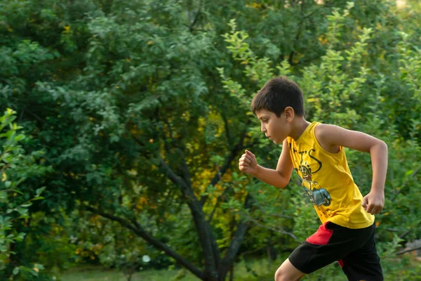 Eğitim Sırasında Parkta Koşan Sarı Tişörtlü Bir Gencin Yarım Boy — Stok fotoğraf