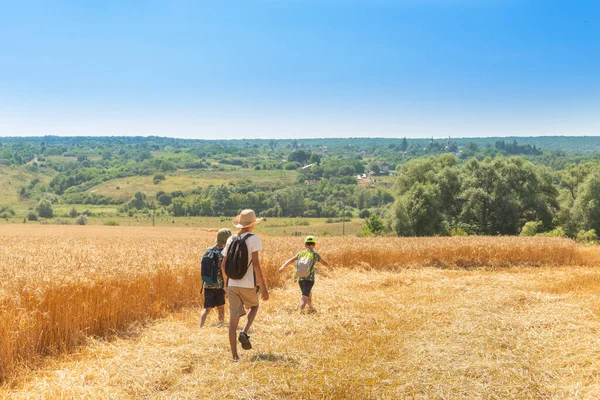 Aufnahme Von Drei Kleinen Jungen Mit Rucksäcken Bei Einer Wanderung — Stockfoto