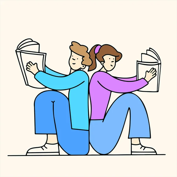 Junge Und Mädchen Sitzen Rücken Rücken Zusammen Und Lesen Bücher — Stockvektor